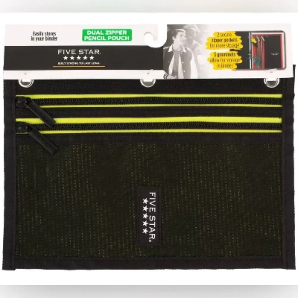 Five Star Black Green Silver Mesh Dual Zipper Binder Compatible Pencil Pouch
